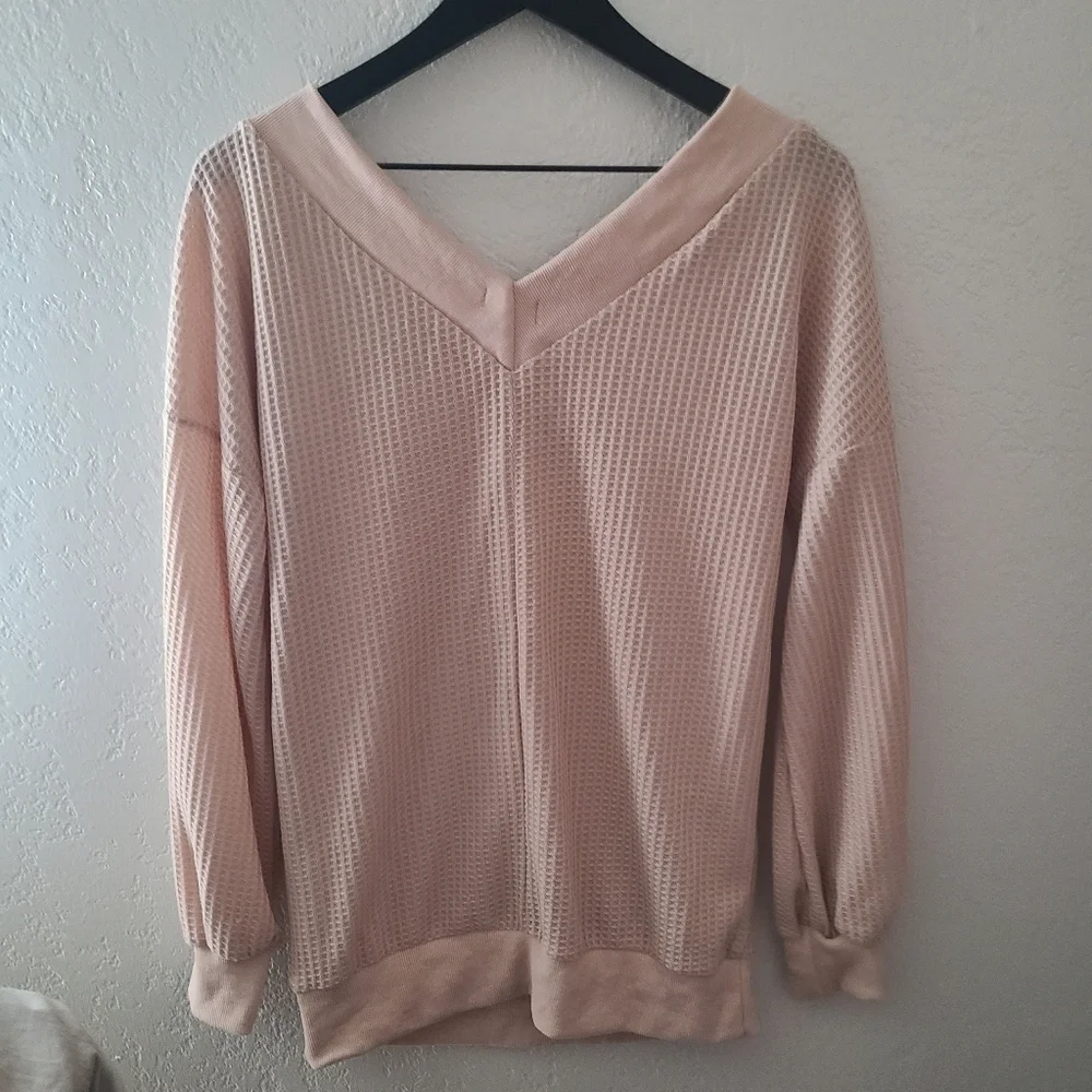 Women Small Shell Pink Romantic V-Neck Waffle Knit Off Shoulder Long Sleeve EUC